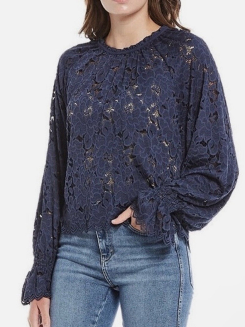 Free People Navy Floral Lace Peasant Top